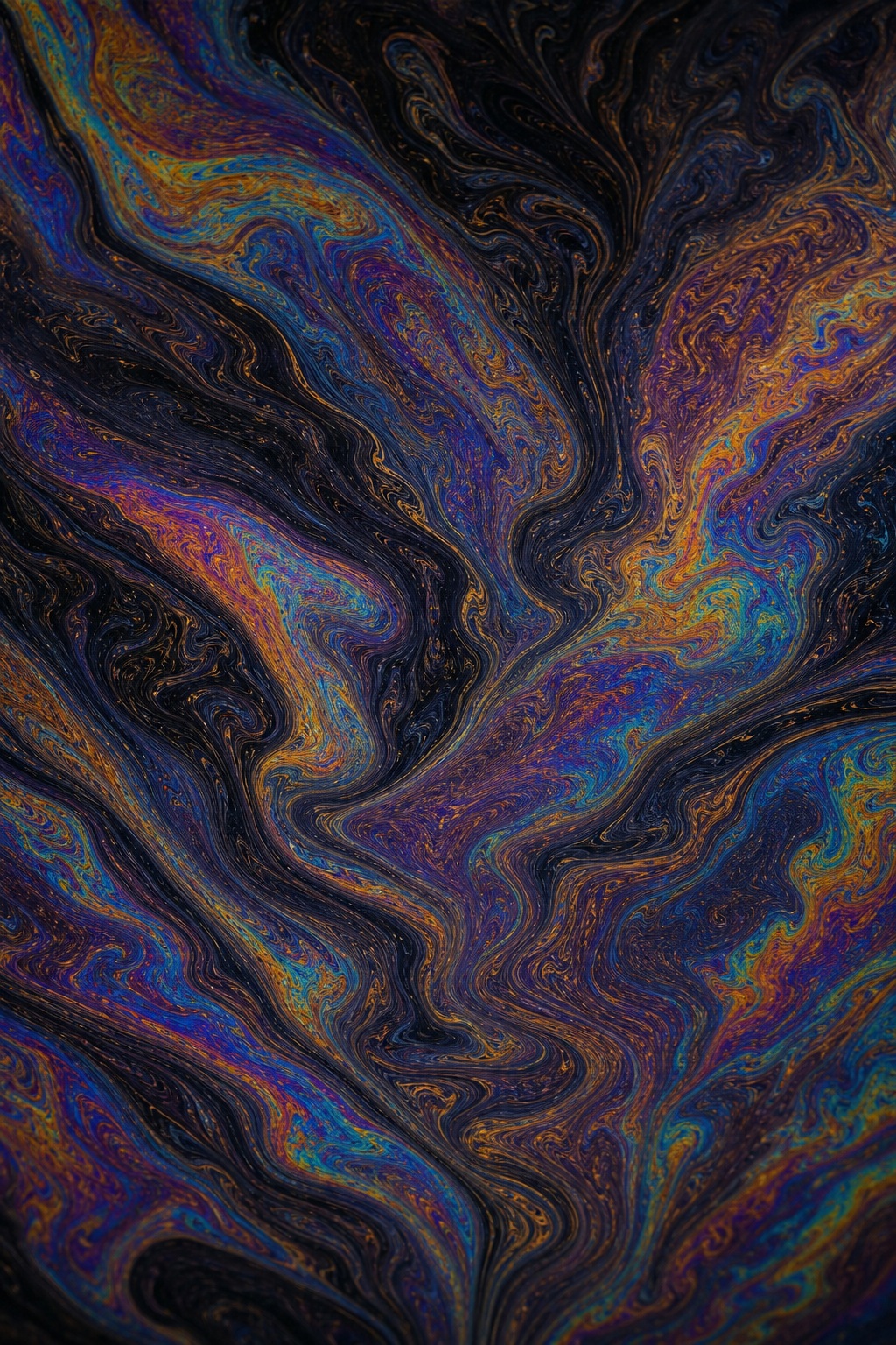 Dark marbled fluid texture with rainbow oil-slick swirls and streaks