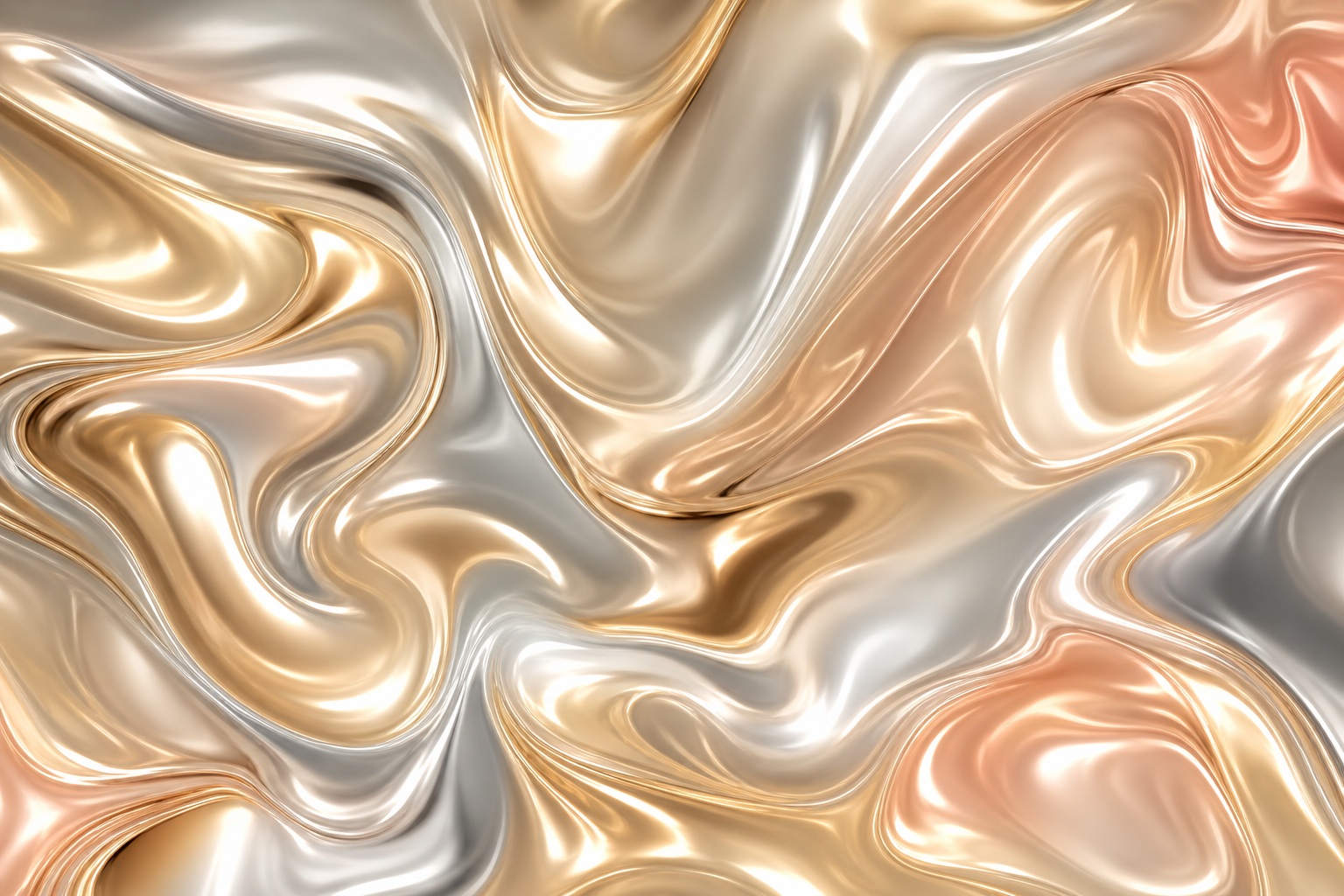 Abstract liquid chrome swirls in gold, silver, and warm champagne tones.