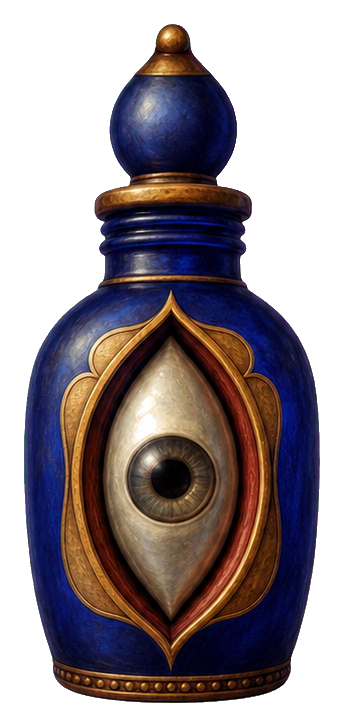 An ornate blue bottle with a single eye displayed in the center.