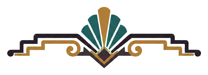 Wide ornamental scroll with gold lines and a teal fan-shaped center ornament.