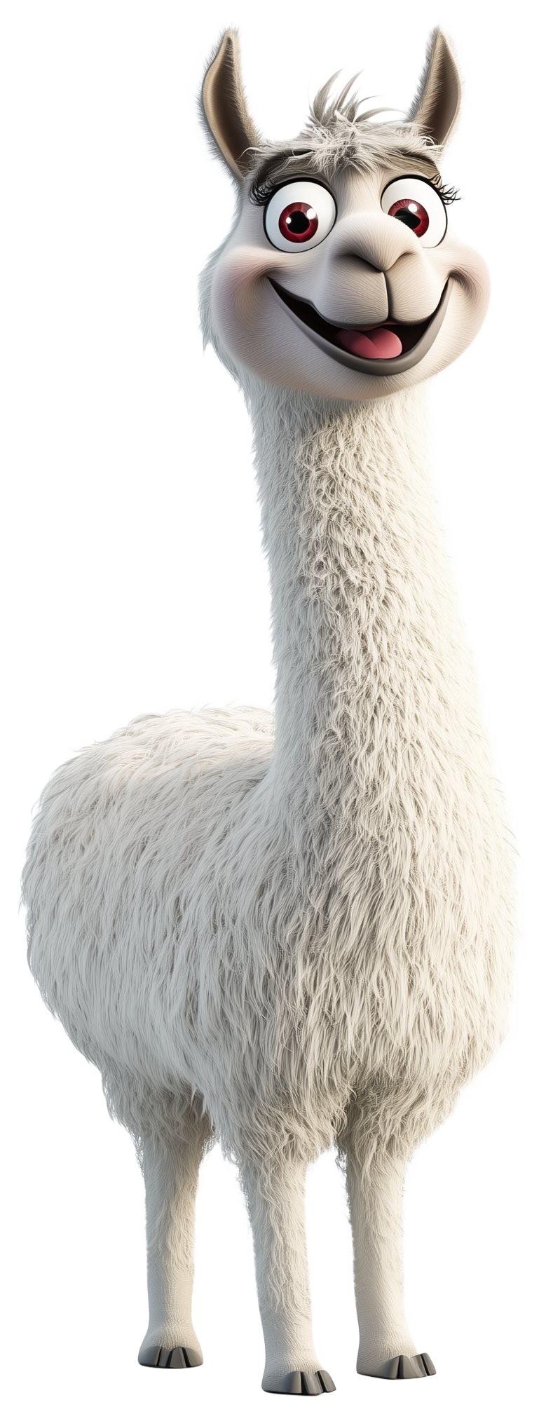 Cute 3D white llama with a smiling face and big ears.