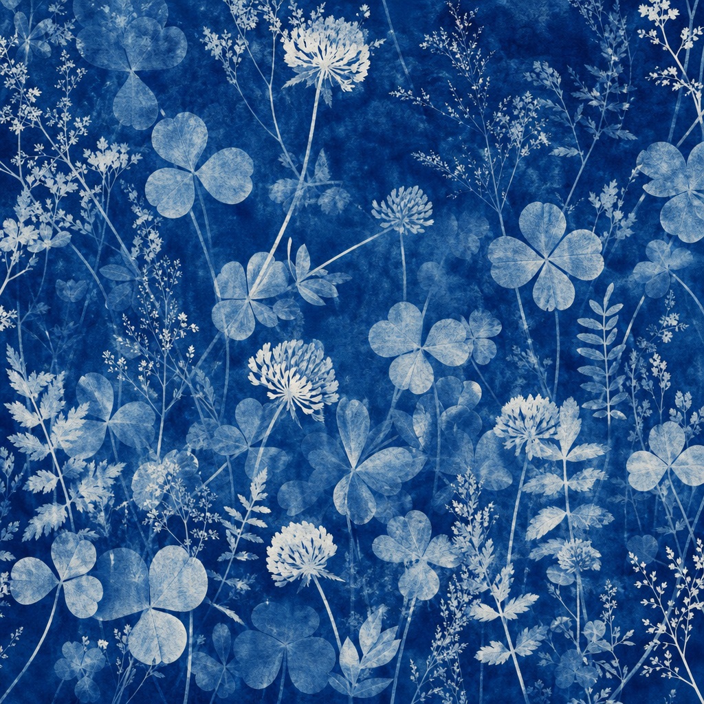 Blue botanical cyanotype pattern with clover leaves and delicate plant silhouettes