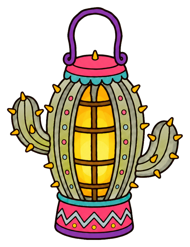 Colorful cactus shaped like a lantern with a loop handle and pink base