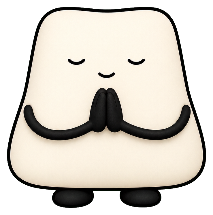 Cream-colored character with closed eyes and hands pressed together in gratitude