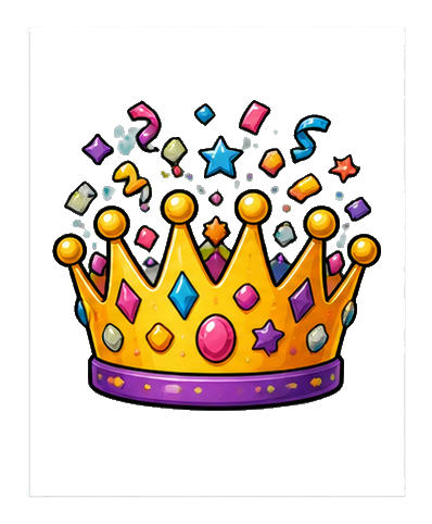 A colorful crown topped with confetti and sparkles on a transparent background.