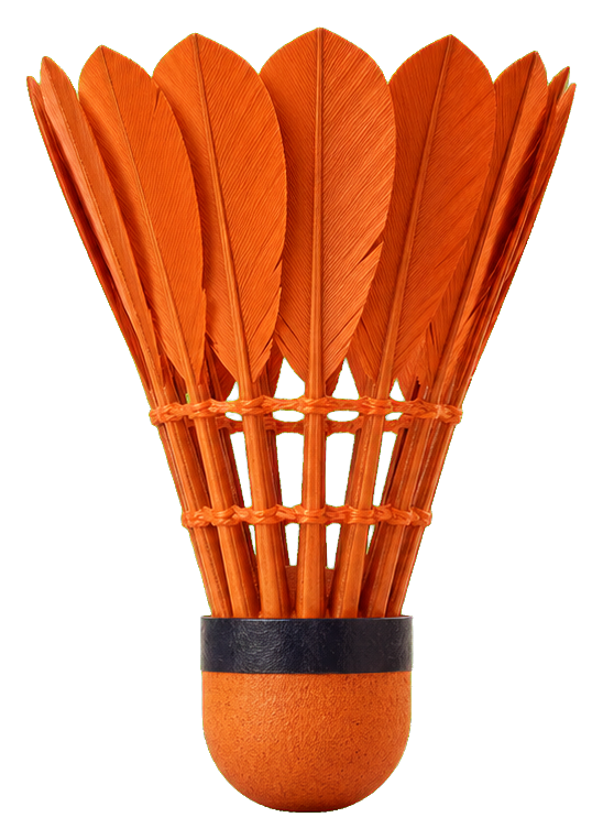 A realistic burnt orange shuttlecock with orange feathers and a dark base.