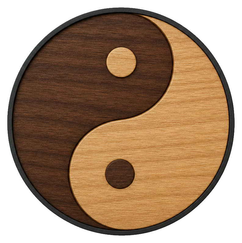 Circular carved walnut yin yang symbol with light and dark wood halves and small contrasting dots
