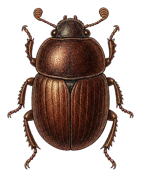 Brown vintage beetle illustration with detailed shell and antennae on transparent background