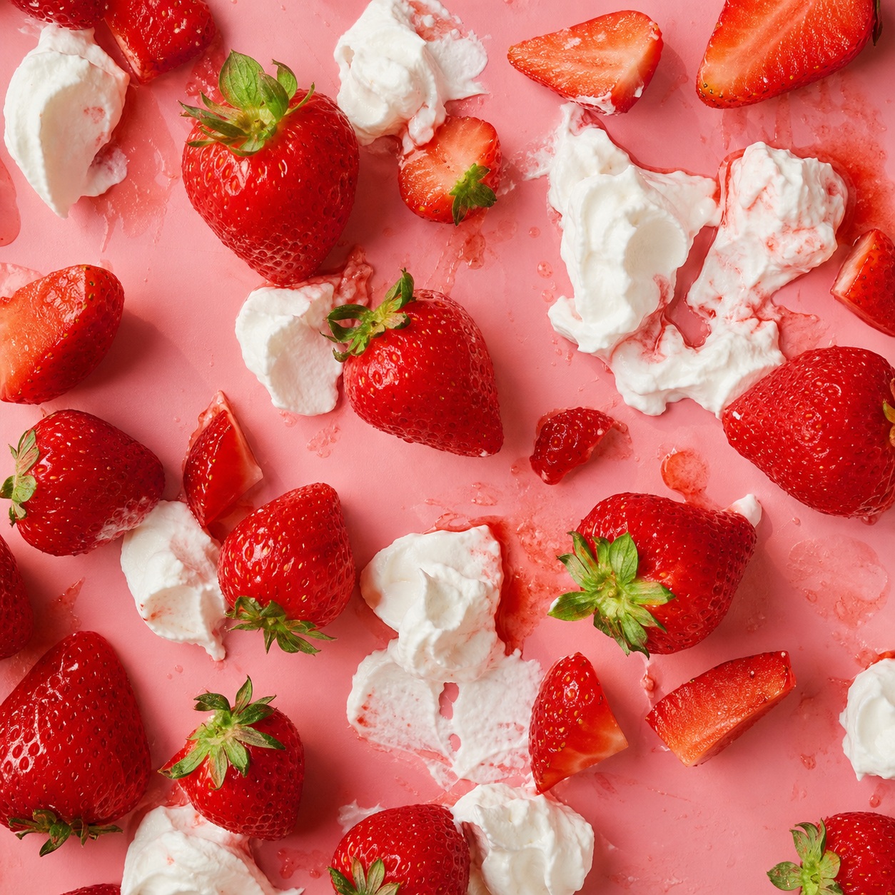 Fresh strawberries and dollops of whipped cream scattered on a pink background