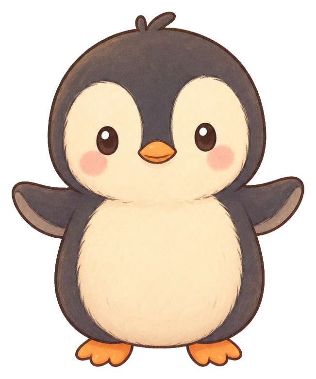 Cute pastel penguin chick sticker with round body, small wings, and orange feet.