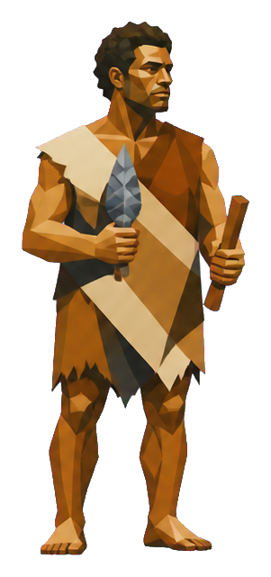 Stylized prehistoric human standing and holding a stone tool and a wooden stick.