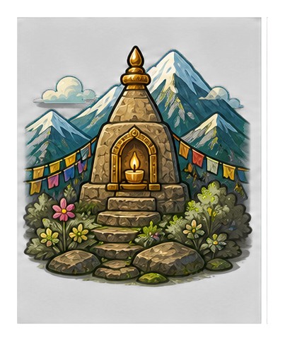 Illustrated mountain shrine with glowing doorway, stone steps, flowers, and mountains behind it.