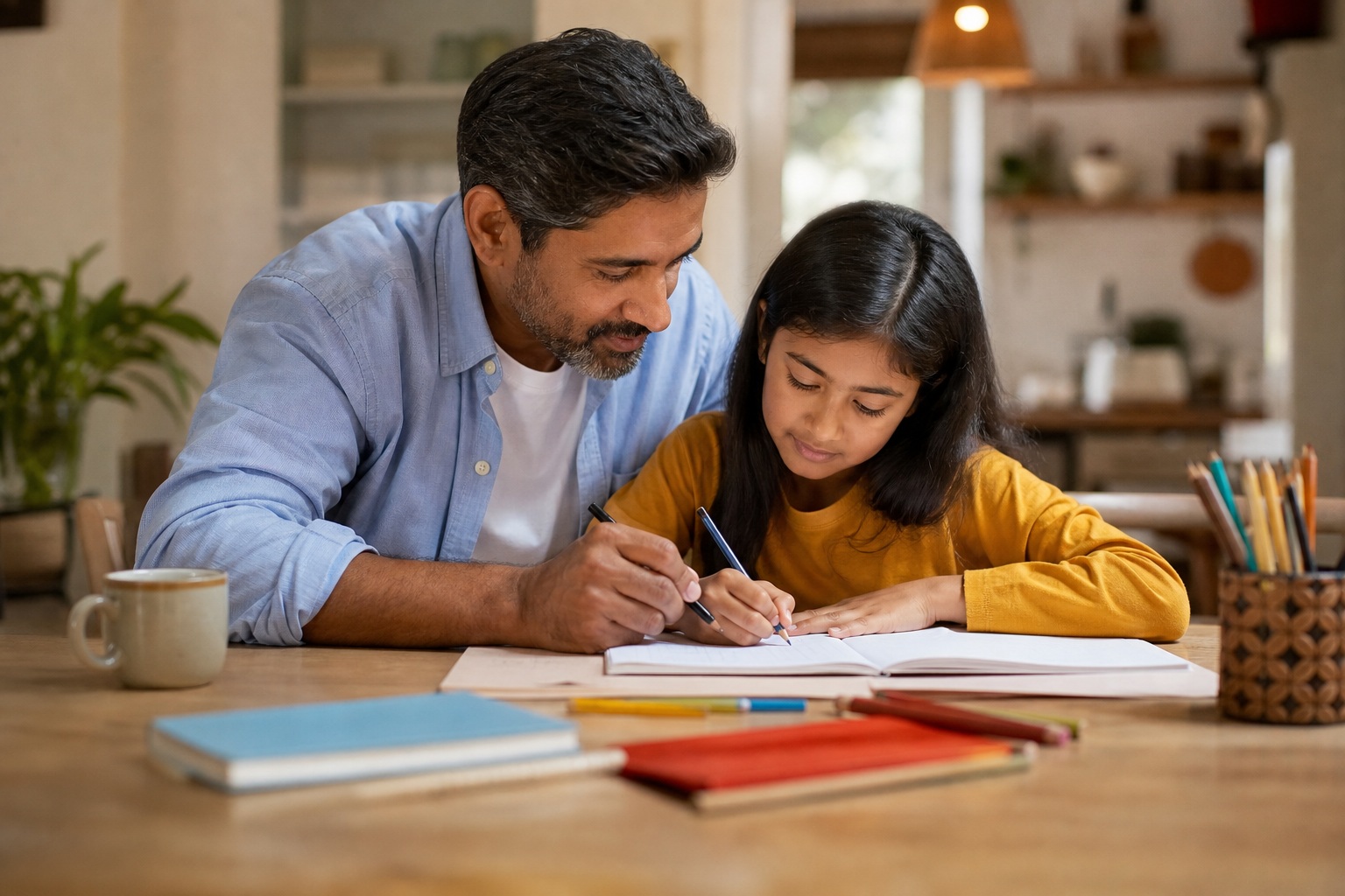 Father helping his daughter with homework at a table in a home setting.