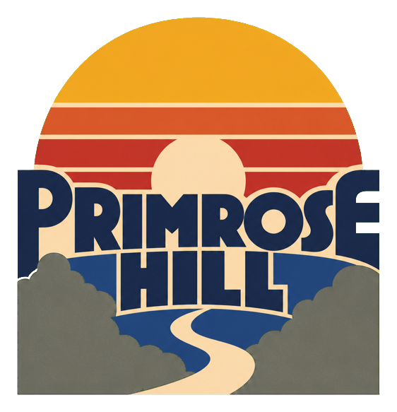 Retro Primrose Hill sunset sticker with bold text, striped sky, and a winding path between hills.