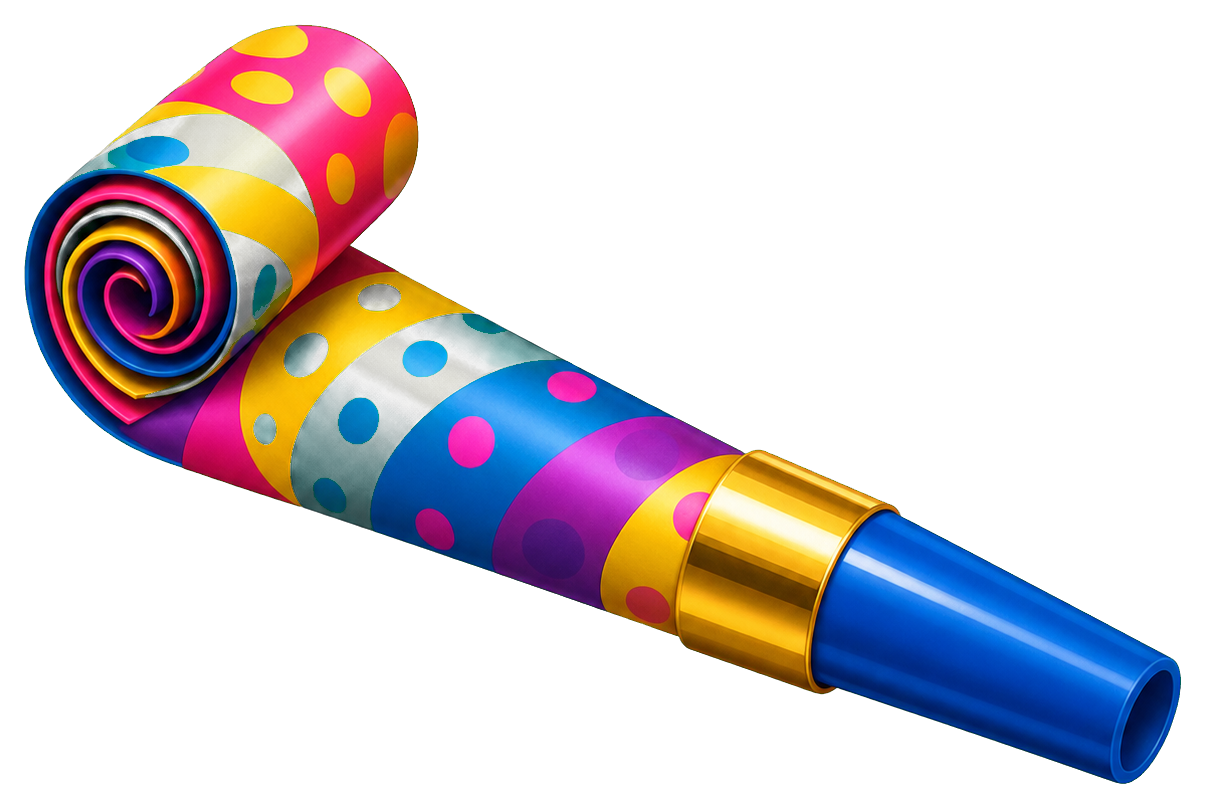 Colorful party noisemaker with a curled ribbon and polka dot pattern