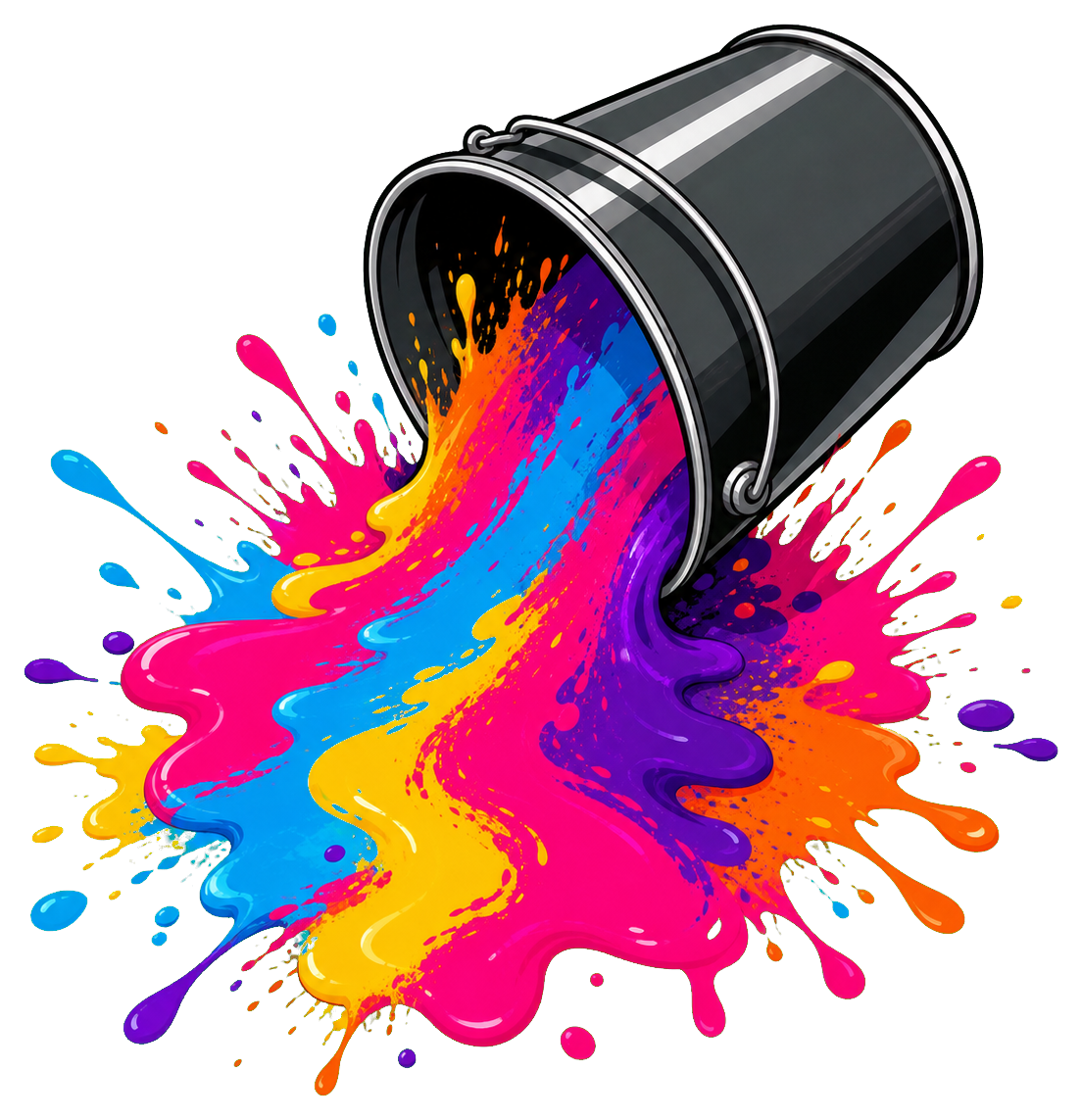 A tipped paint bucket spilling bright pink, blue, yellow, and purple paint splashes.