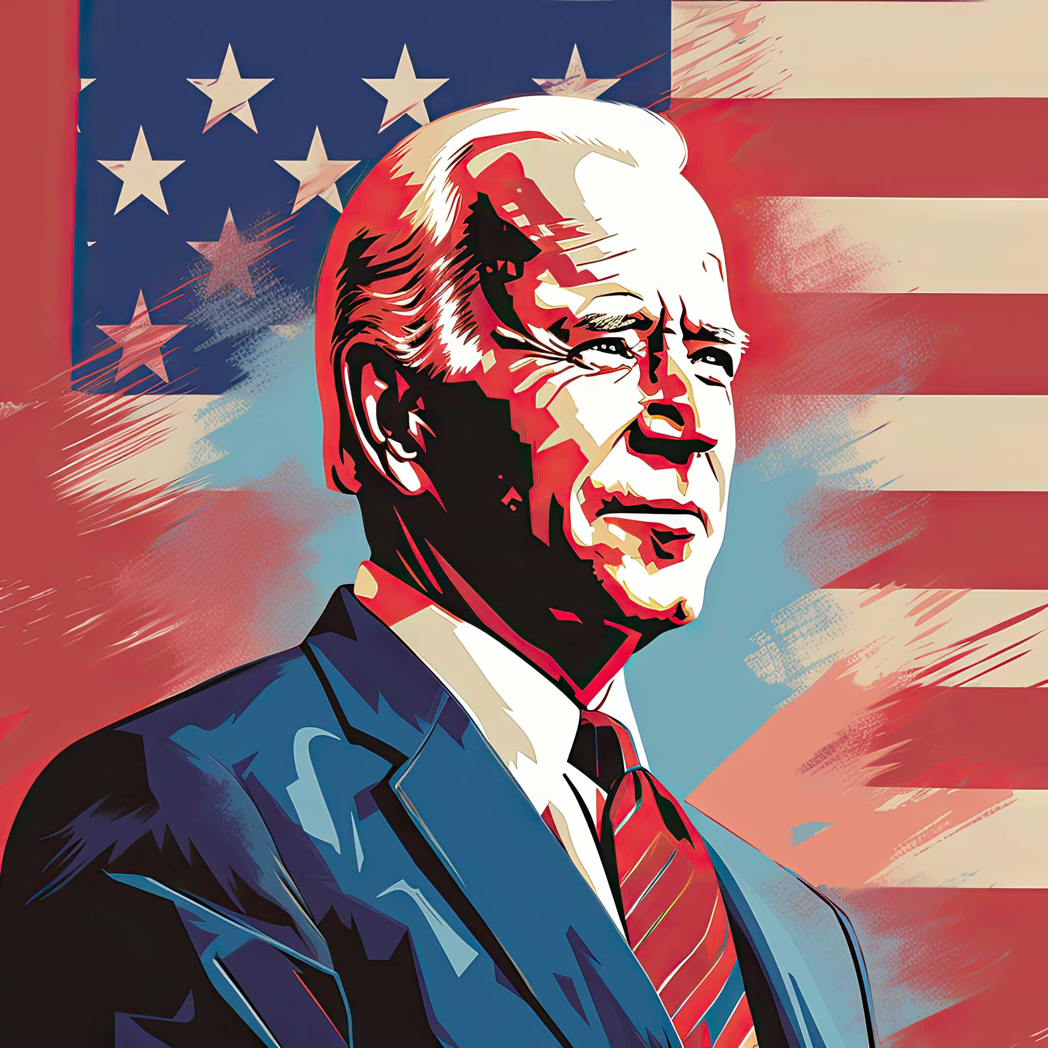 Stylized portrait of Joe Biden in front of an American flag background