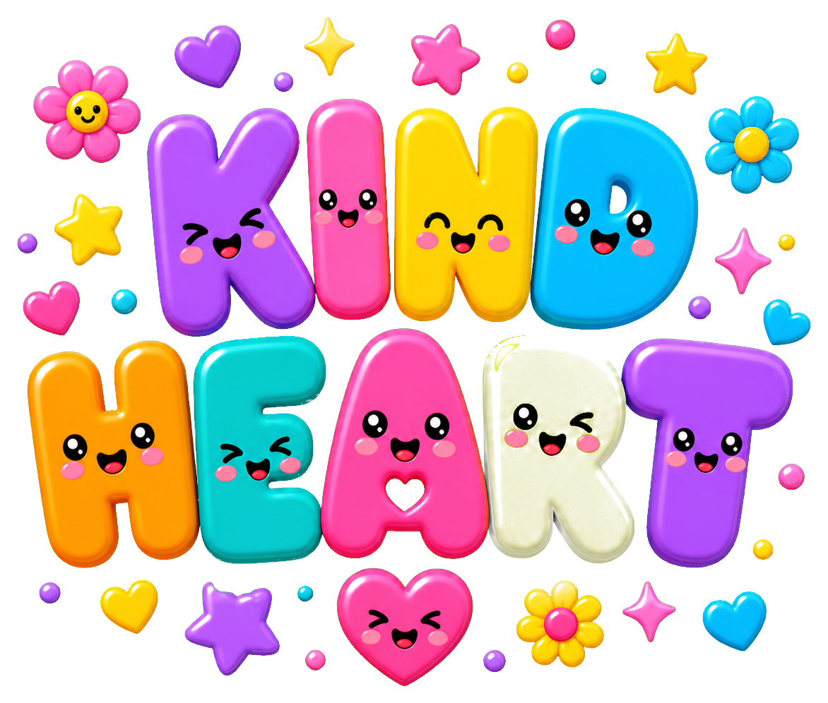 Colorful KIN D HEART word art sticker with cute smiling faces and small flowers.