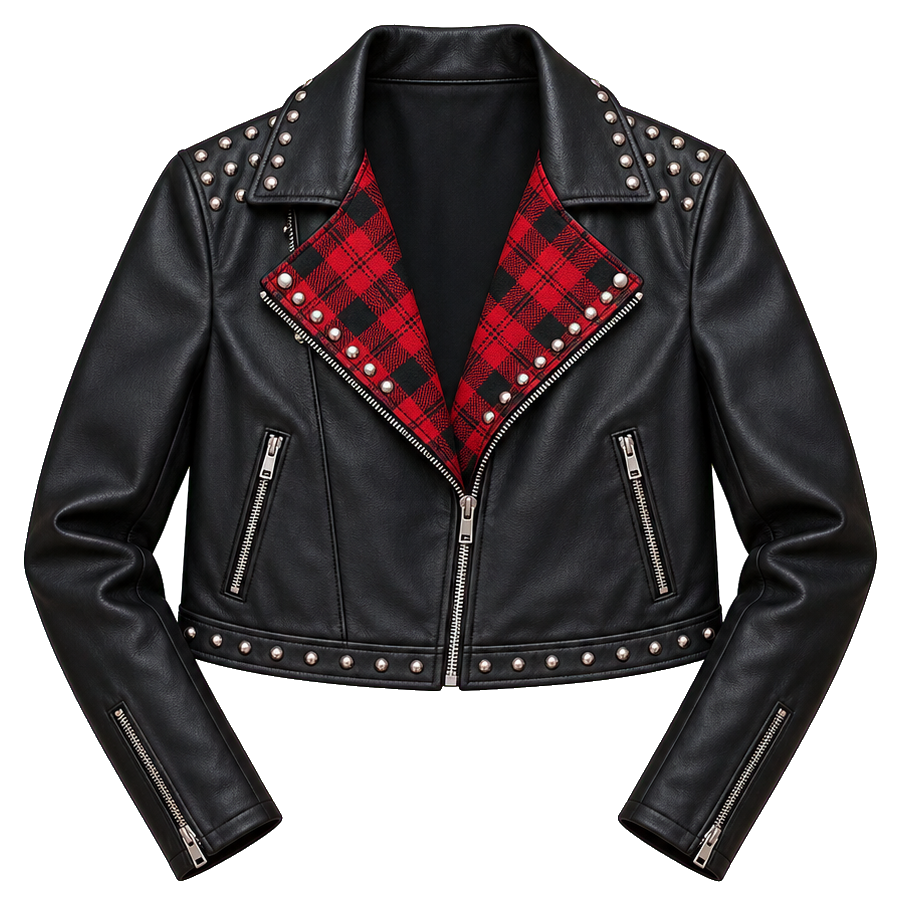 Black cropped punk jacket with red plaid lapels and silver studs
