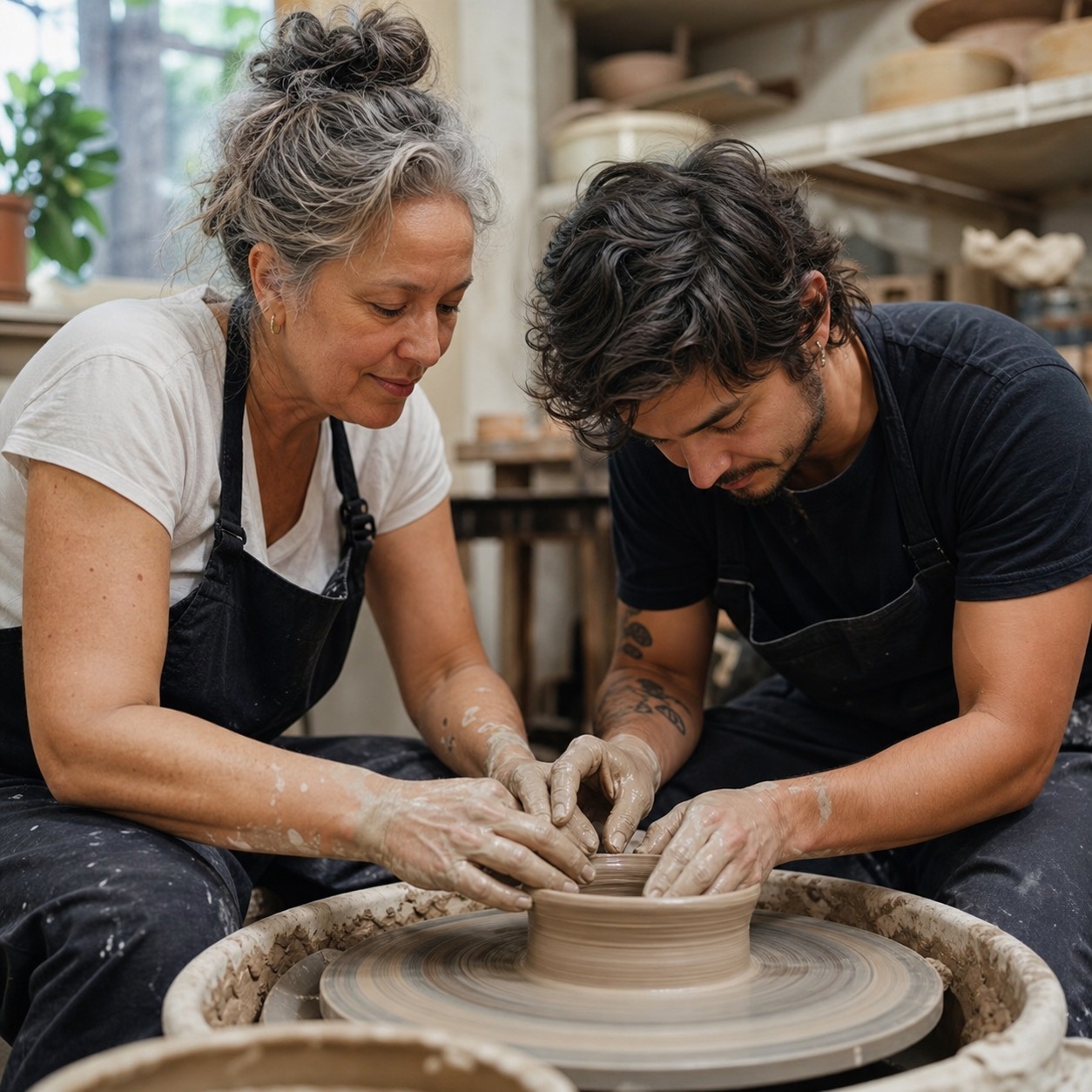 Two people shaping clay together at a pottery wheel in a workshop