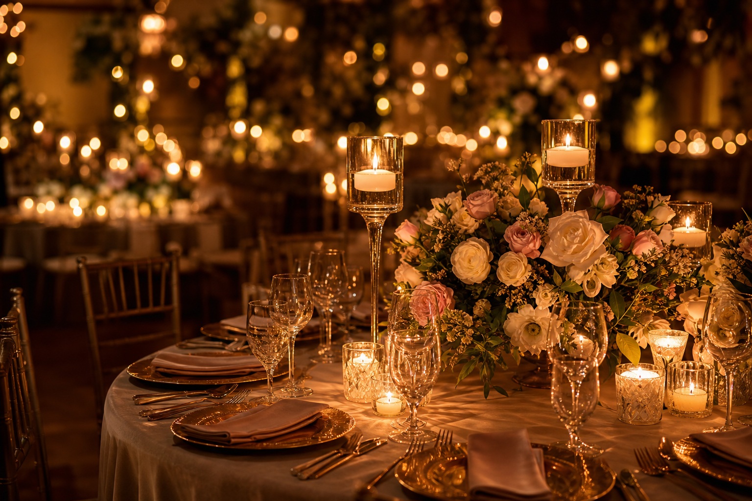Candlelit wedding reception table with floral centerpieces and warm glowing lights