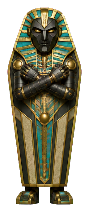 A black and gold sarcophagus-shaped robot with crossed arms and teal Egyptian-style detailing.