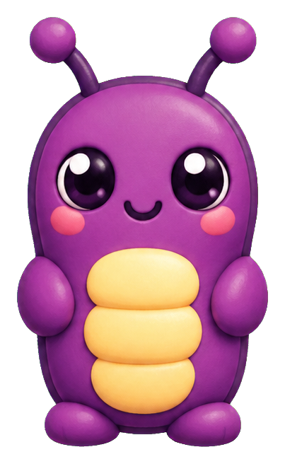 Purple kawaii monster with big eyes, antennae, and a yellow belly on a transparent background