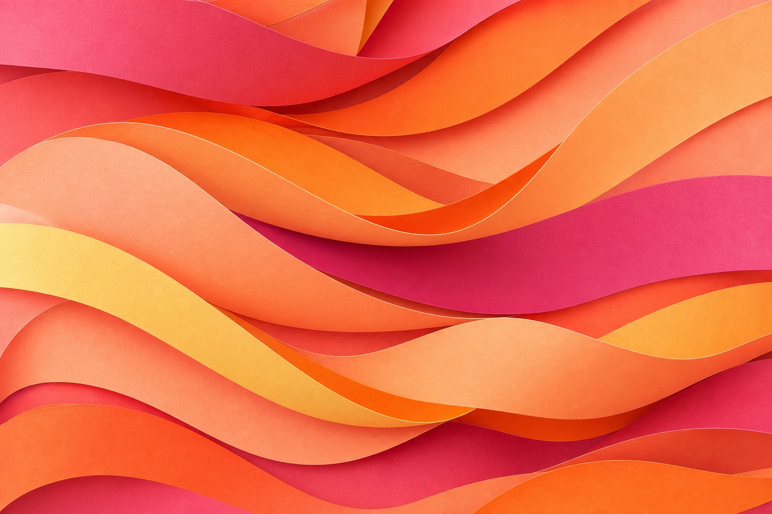 Layered folded ribbon shapes in warm peach, coral, pink, and yellow tones