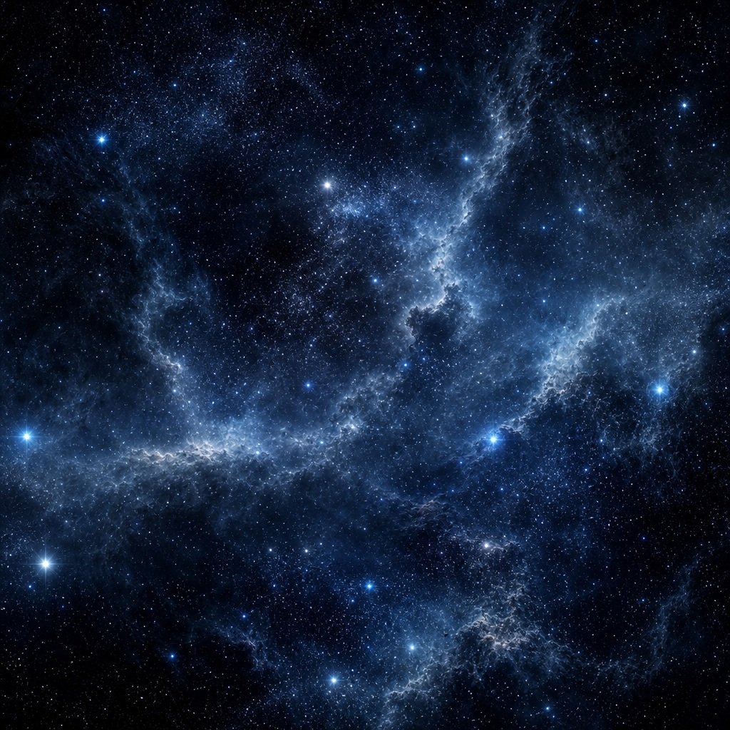 Square dark space background with blue nebula clouds and scattered stars