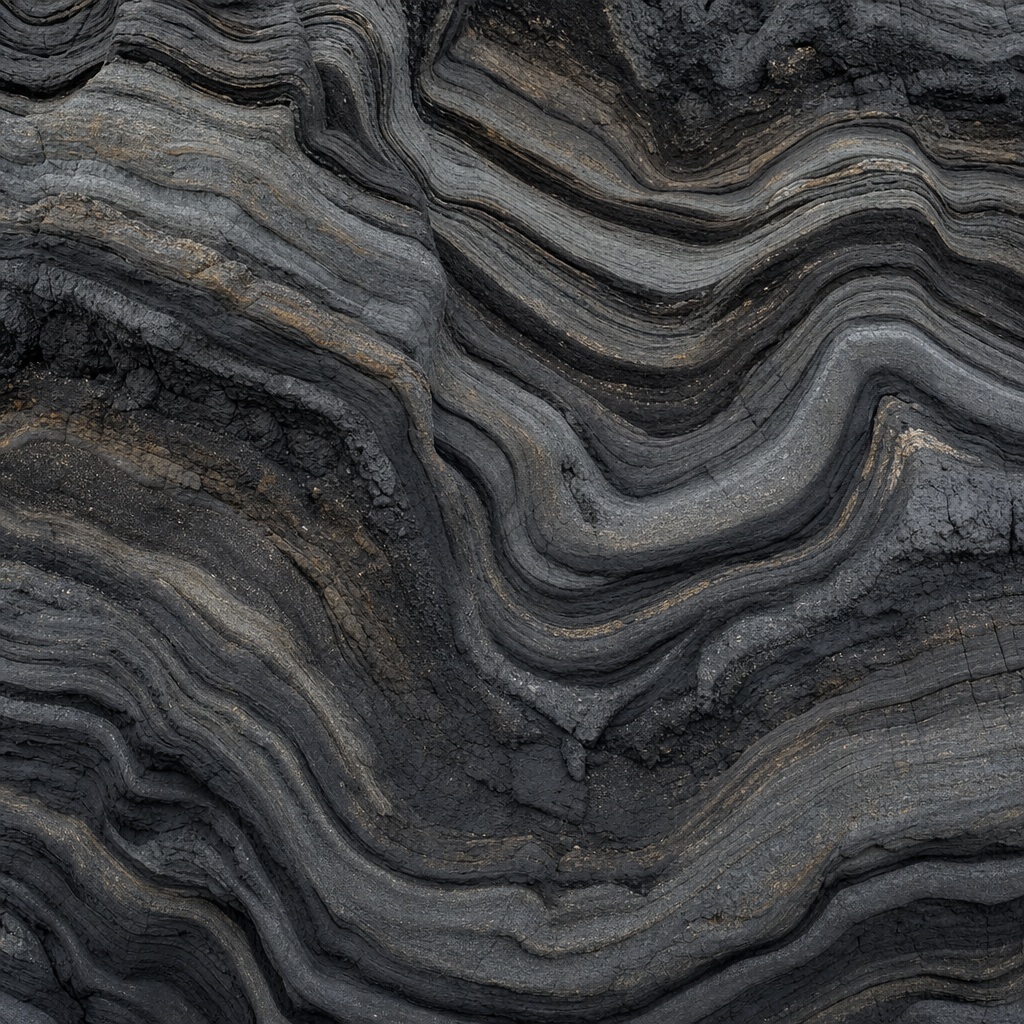 Abstract gray and black layered stone strata with flowing mineral bands