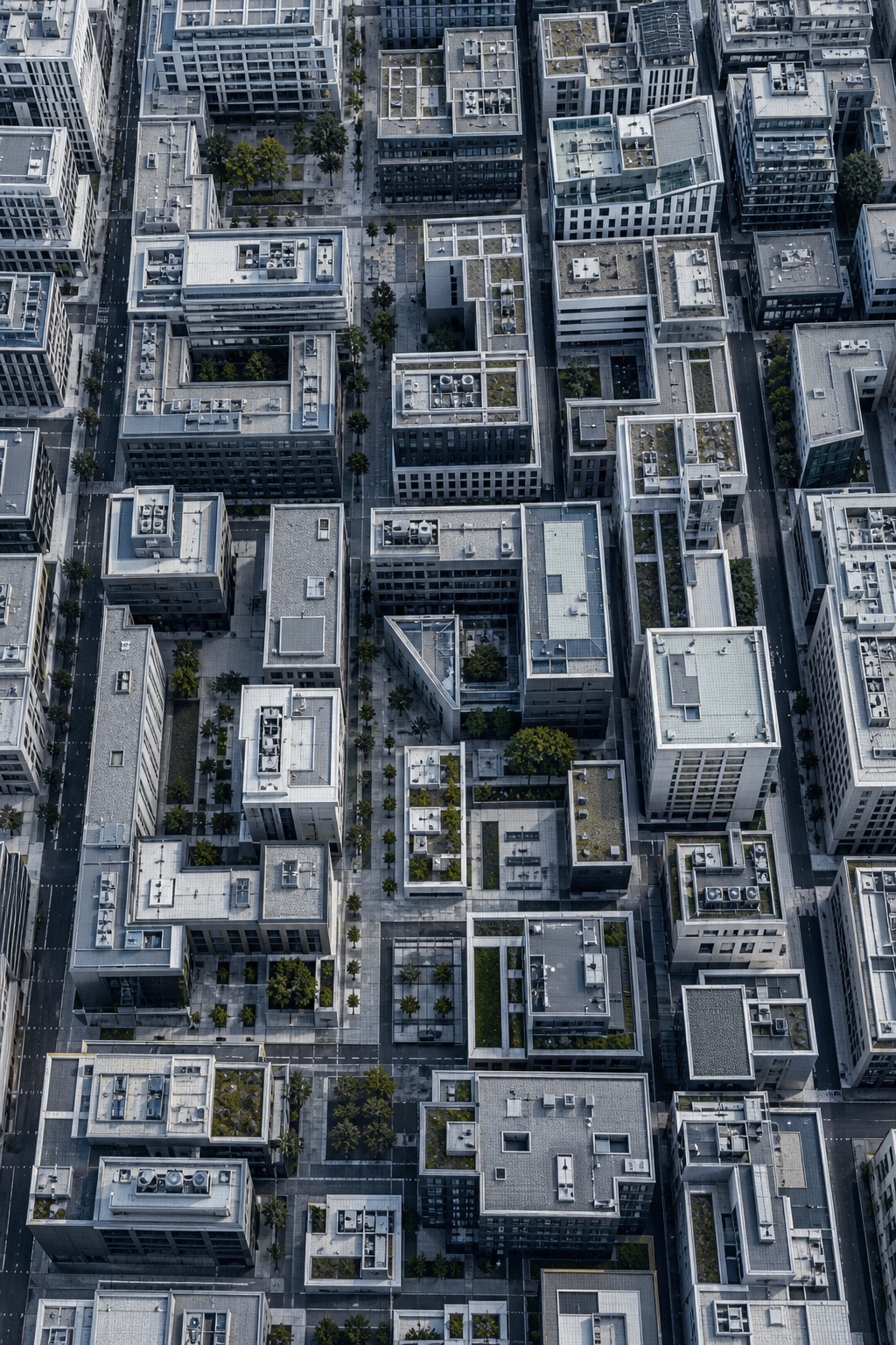 Monochrome aerial view of city rooftops arranged in a dense geometric grid.