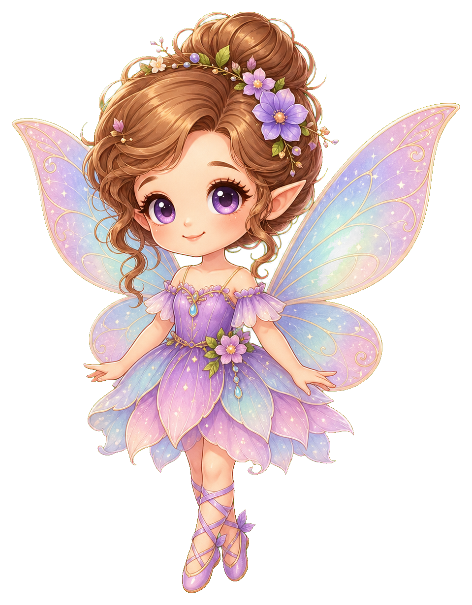 Cute chibi fairy with pastel wings, purple dress, and floral hair accessories standing with folded legs.