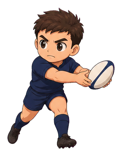 Kawaii rugby player passing a rugby ball in an action pose.
