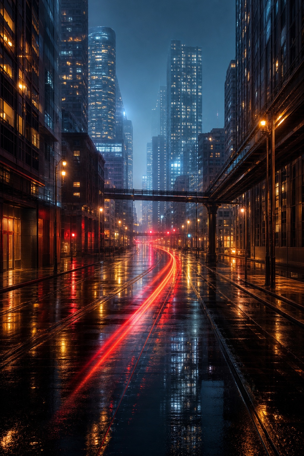 Rainy city street at night with glowing towers and red tram light reflections