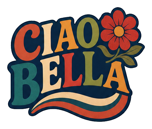 Colorful Ciao Bella text with a flower and wavy ribbon on a dark background
