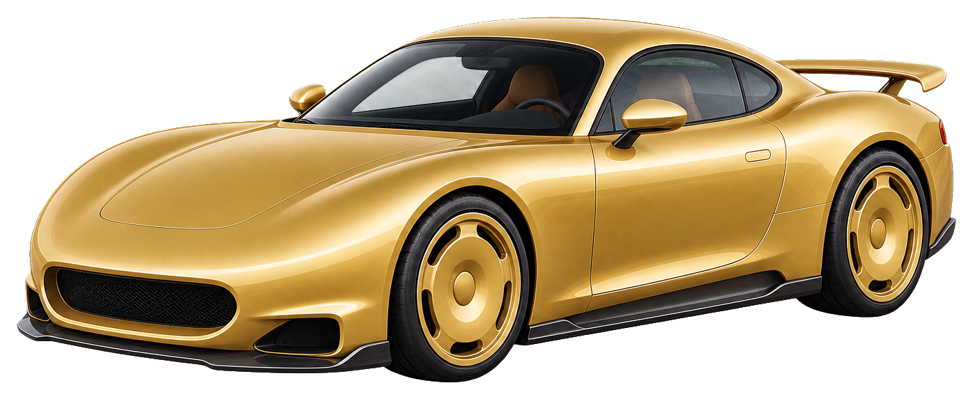 Champagne gold sports car viewed from the side on a transparent background.