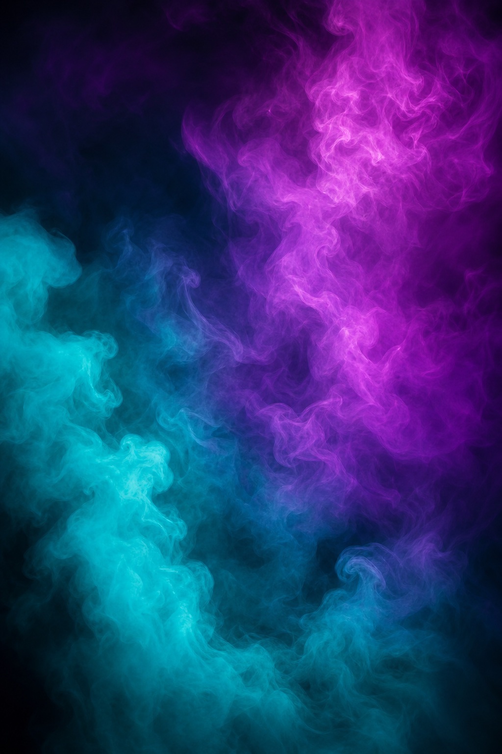 Vertical teal and purple vapor clouds glowing against a dark abstract background.