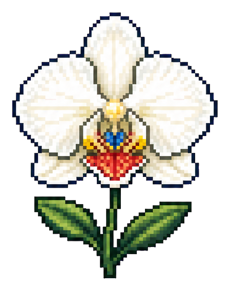 White pixel art orchid with green leaves and a small red center on a black background.