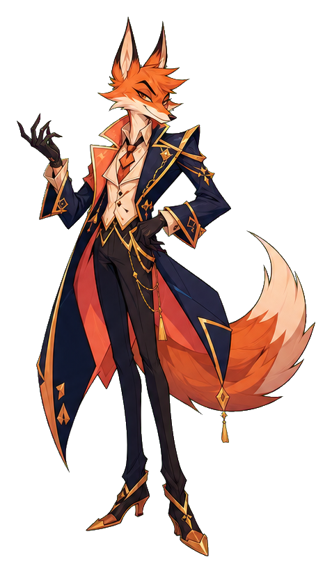 Fox illusionist in a dark coat with gold accents and a flowing sunset-colored tail