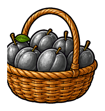 A woven basket filled with dark purple plums and a few green leaves.