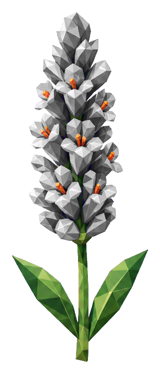Low poly faceted lavender spike with dark purple petals and green stem and leaves