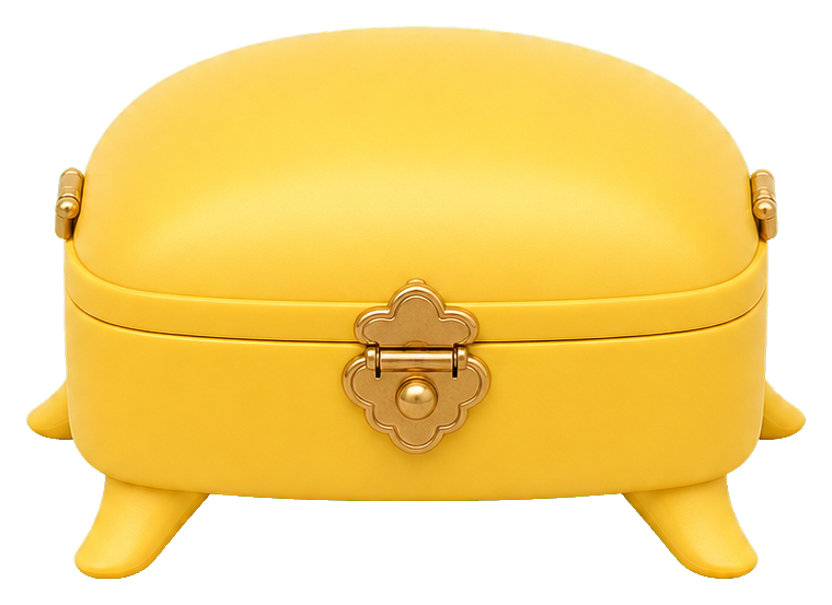 Cute yellow jewelry box with a rounded lid and small legs.