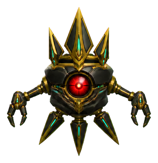 Dark metallic robot with a glowing red eye and spiked crown-like frame