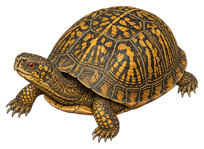 Vintage ornate box turtle illustration facing left with detailed patterned shell