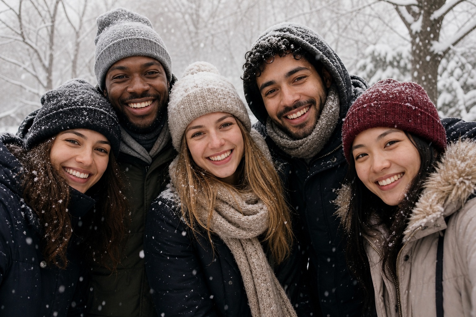Five friends smiling together outdoors in winter clothing as snow falls around them.