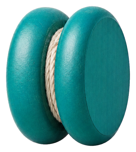 Teal wooden yoyo with rope wrapped around the center.
