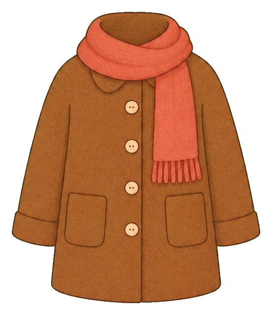 Warm brown winter coat with buttons and coral scarf sticker graphic