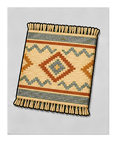 Small woven rug with geometric diamond pattern and fringe on both ends