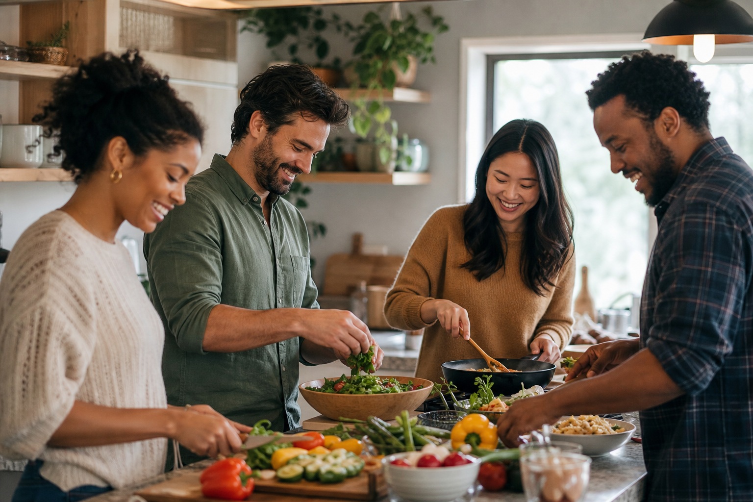 Four people preparing food together around a kitchen island during a dinner party.