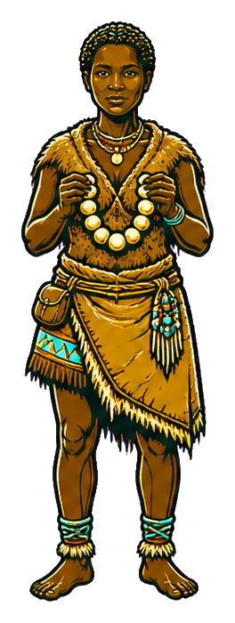 Neon-style illustration of a standing bead maker wearing traditional clothing and jewelry.